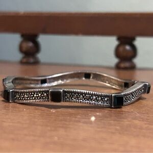 Thai ALX .923 Art Deco Style Marcasite Black Onyx Sterling Bangle Bracelet